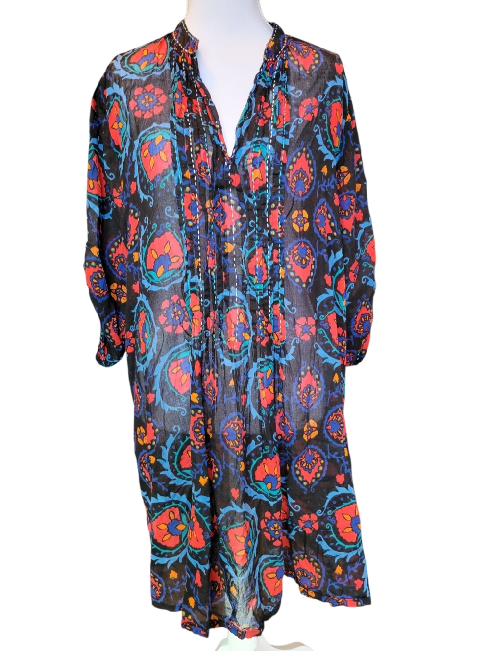 Artisan By Kikisol Black Santorini Embroidered Pleated Long Sleeve Sheer Tunic